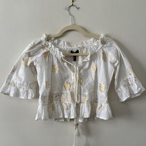 Aqua White and Gold Crop Swim Coverup Top NWT